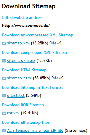 Der Sitemap Creator stellt verschiedene Versionen zur Auswahl